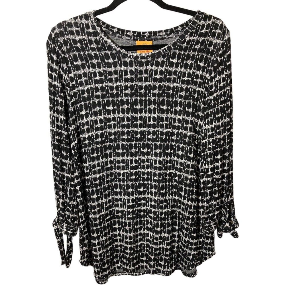 Ruby Rd. Womens Medium Black/White Check Stretch 3/4-Sleeve Tunic Top EUC